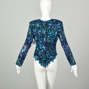Medium 1990s Jewel Tone Sequin Blouse Long Sleeve Cocktail Party Silk Top Evening Glamour - Fashionconservatory.com