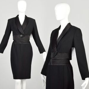 Small 1990s Sexy Black Skirt Suit Cropped Mini Tight Pencil Office Siren Set Two Piece Suit 