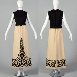 Medium 1970s Knit Dress Applique Skirt Sleeveless Maxi