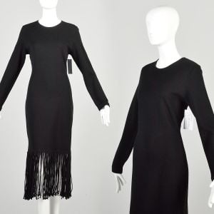 1990s Large Black Wool Knit Long Sleeve Dress with Long Cord Fringe Hem