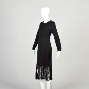 1990s Large Black Wool Knit Long Sleeve Dress with Long Cord Fringe Hem - Fashionconservatory.com