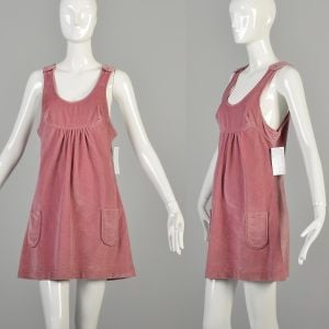 1970s Small Dusty Pink Velour Mini Jumper Dress