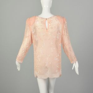 Large 1990s Shirt Beaded Blush Pink Sheer Silk Tunic Top Blouse - Fashionconservatory.com