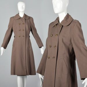 1950s Brown Military Coat Wool Double Breasted Taupe Twill post WW2 Rex Overcoat 