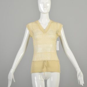 XS 1980s Knit Top Cream Colored Sleeveless Boho Tie Sheer Ribbed Knit Sweater Top