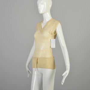 XS 1980s Knit Top Cream Colored Sleeveless Boho Tie Sheer Ribbed Knit Sweater Top - Fashionconservatory.com
