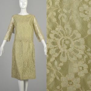 Medium 1960s Sage Green Lace Skirt Set Sheer Sleeve Button Back Outfit Monochrome Separates 