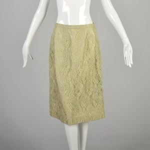 Medium 1960s Sage Green Lace Skirt Set Sheer Sleeve Button Back Outfit Monochrome Separates  - Fashionconservatory.com