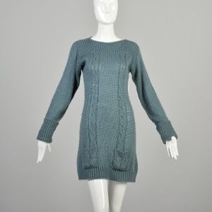 Medium 1970s Smoky Grey Blue Micro Mini Tunic Cable Knit Sweater Dress