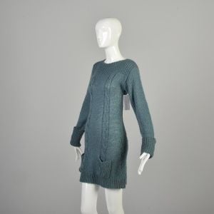 Medium 1970s Smoky Grey Blue Micro Mini Tunic Cable Knit Sweater Dress - Fashionconservatory.com