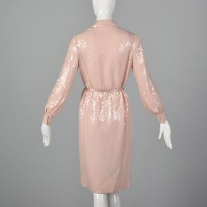 1970s Bill Blass Pink Sequin Dress Long Sleeve Evening Cocktail Party Sparkly Designer - Fashionconservatory.com