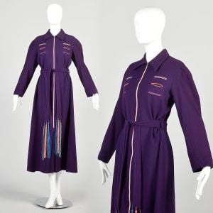 Large 1940s Dark Purple Dressing Gown Robe Tassel Belted Zipper 