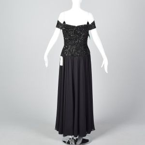 Large 1990s Oleg Cassini Black Off the Shoulder Dress Beaded Bodice  - Fashionconservatory.com