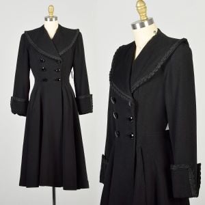 XS 1940s Black Wool Gabardine Princes Coat with Shawl Collar