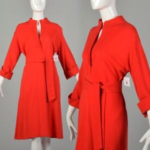 XL 1970s Dress Day-Glo Orange Knit Belted Low Cut Tunic