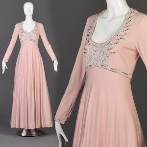 Medium 1960s Victoria Royal Pink Knit Dress Beaded Formal Long Sleeve Formal Modest Prom