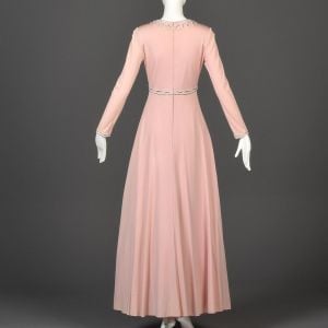 Medium 1960s Victoria Royal Pink Knit Dress Beaded Formal Long Sleeve Formal Modest Prom - Fashionconservatory.com