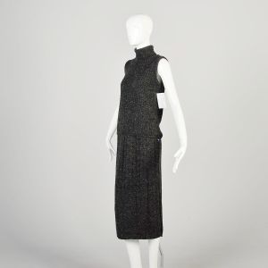 Medium 1990s Fuzzy Space Grey Ribbed Knit Metallic Thread Midi Skirt Set Sleeveless Turtleneck - Fashionconservatory.com