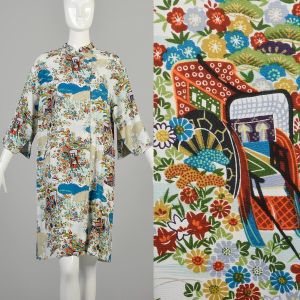 Medium 1960s Robe Scenic Printed Asian Rayon Short Asymmetric Zip Leisure Robe