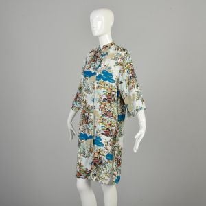 Medium 1960s Robe Scenic Printed Asian Rayon Short Asymmetric Zip Leisure Robe - Fashionconservatory.com