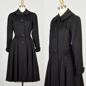 XXS/XS 1950s Black Wool New Look Wasp Waist Princess Coat