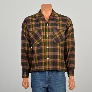 Small 1960s Men's Board Shirt Colorful Plaid Wool Autumn Button-Down Casual 
