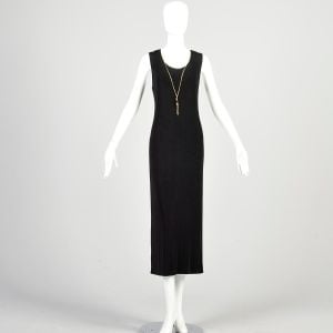 S/M | Slinky Black Sleeveless 90s Maxi Dress w/Removable Gold Pendant Necklace by R&M Richards