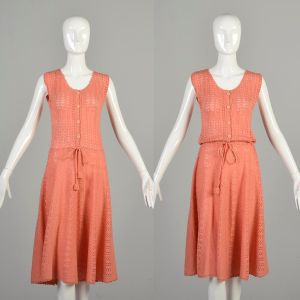 XS 1970s Salmon Knit Dress Sleeveless Layering Blouson Dress 