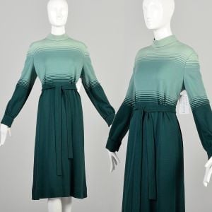 XL 1970s Green Striped Ombre Belted Knit Wool Dress 