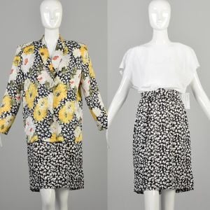 Medium 1980s Black and Yellow Floral Dress and Jacket Set Two Piece Suit Set