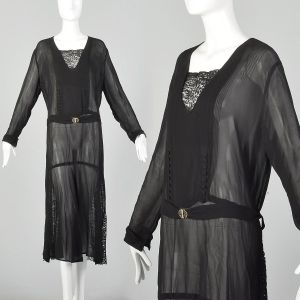 XXL 1920s Black Dress Sheer Silk Chiffon Pin Tucked Bodice 20s Drop Waist Long Sleeve