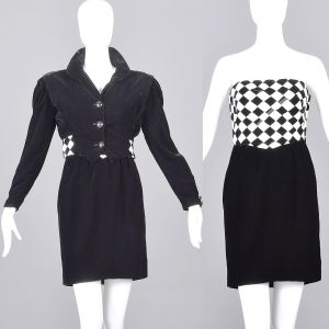 XS 1980s Victor Costa Dress Set Black & White Checkerboard Strapless Mini Velvet Bolero Jacket