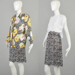 Medium 1980s Black and Yellow Floral Dress and Jacket Set Two Piece Suit Set - Fashionconservatory.com