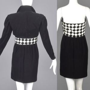 XS 1980s Victor Costa Dress Set Black & White Checkerboard Strapless Mini Velvet Bolero Jacket - Fashionconservatory.com