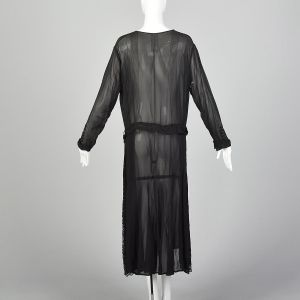XXL 1920s Black Dress Sheer Silk Chiffon Pin Tucked Bodice 20s Drop Waist Long Sleeve - Fashionconservatory.com
