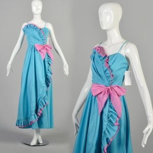1980s XS Cotton Candy Prom Dress Ruffled Maxi Spaghetti Strap Wrap Gown