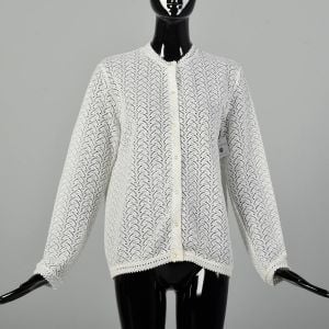 Large 1960s Off-White Semi-Sheer Cardigan Crocheted Lace Look