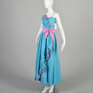 1980s XS Cotton Candy Prom Dress Ruffled Maxi Spaghetti Strap Wrap Gown - Fashionconservatory.com