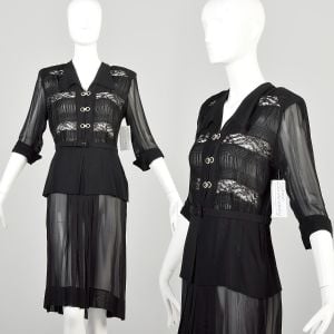 Small 1940s Sheer Black Dress with Rhinestone Clasps