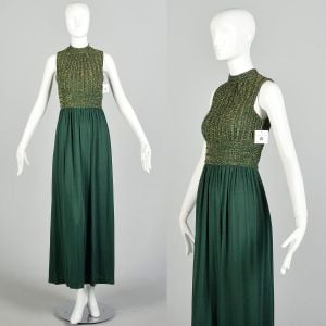 XS-Small 1970s Forest Green Metallic Gold Lurex Maxi Dress Sleeveless Ribbed Knit Disco Bodice