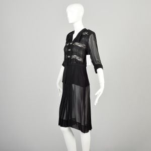 Small 1940s Sheer Black Dress with Rhinestone Clasps - Fashionconservatory.com