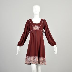 XXS | Burgundy Red Bohemian Hippie Style 1970s Long-Sleeve Dress w/Flower Print Hem and Ties