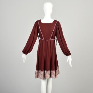 XXS | Burgundy Red Bohemian Hippie Style 1970s Long-Sleeve Dress w/Flower Print Hem and Ties - Fashionconservatory.com