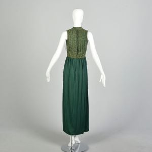 XS-Small 1970s Forest Green Metallic Gold Lurex Maxi Dress Sleeveless Ribbed Knit Disco Bodice - Fashionconservatory.com