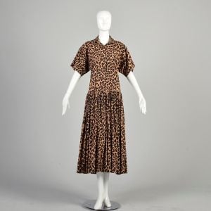 XL/XXL | 1980s Drop Waist Leopard Print Dress w/Side Pockets by Norma Kamali