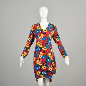 M | Colorful 1980s Long-Sleeve V Neck Floral Dress