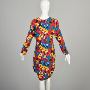M | Colorful 1980s Long-Sleeve V Neck Floral Dress - Fashionconservatory.com