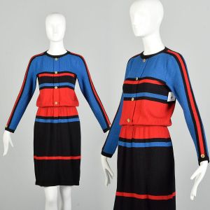 XS-Small 1980s Adolfo Color Block Stripe Dress Knit Long Sleeve Sweater Dress