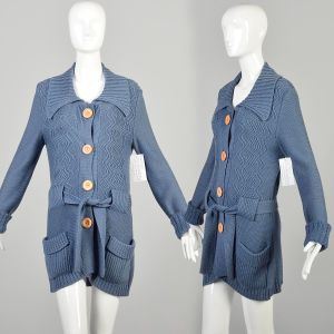 Medium 1970s Tunic Sweater Top Cardigan Long Cornflower Blue Knit Buttoned Belted Sweater Top