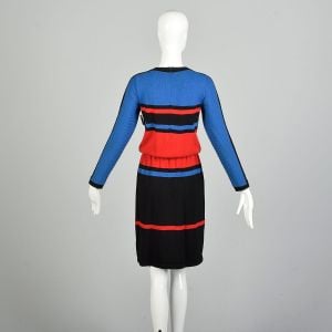 XS-Small 1980s Adolfo Color Block Stripe Dress Knit Long Sleeve Sweater Dress - Fashionconservatory.com